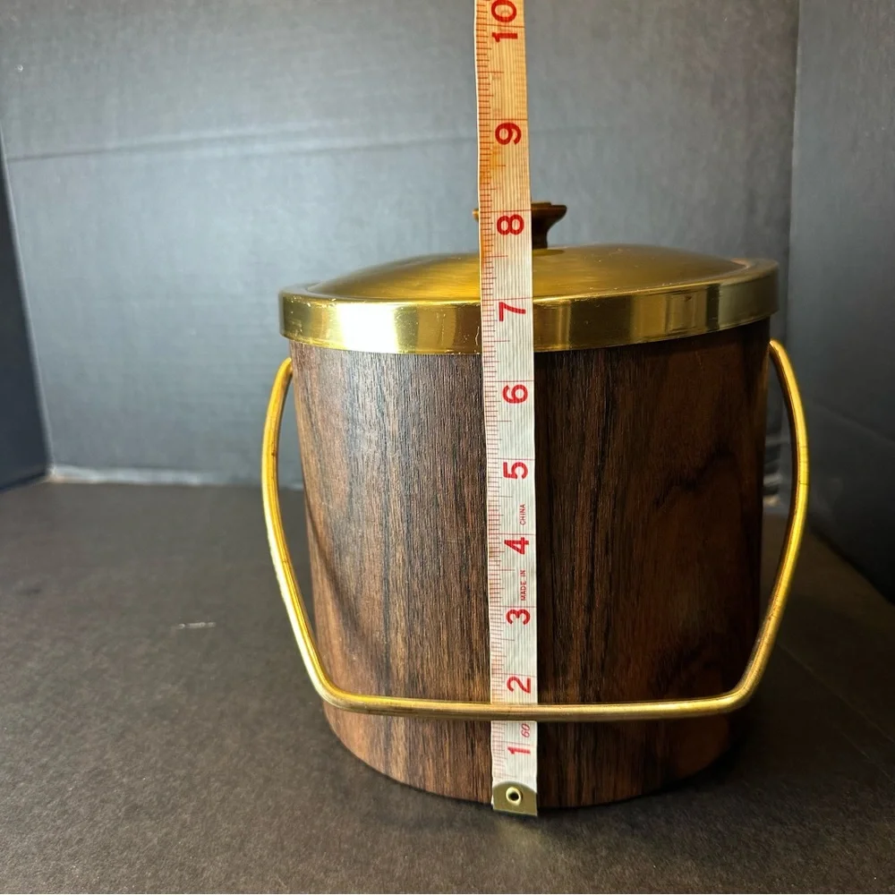 Vintage MCM Ice Bucket Faux Wood Grain Vinyl Brass Handle Lid Barware 1960s 70s